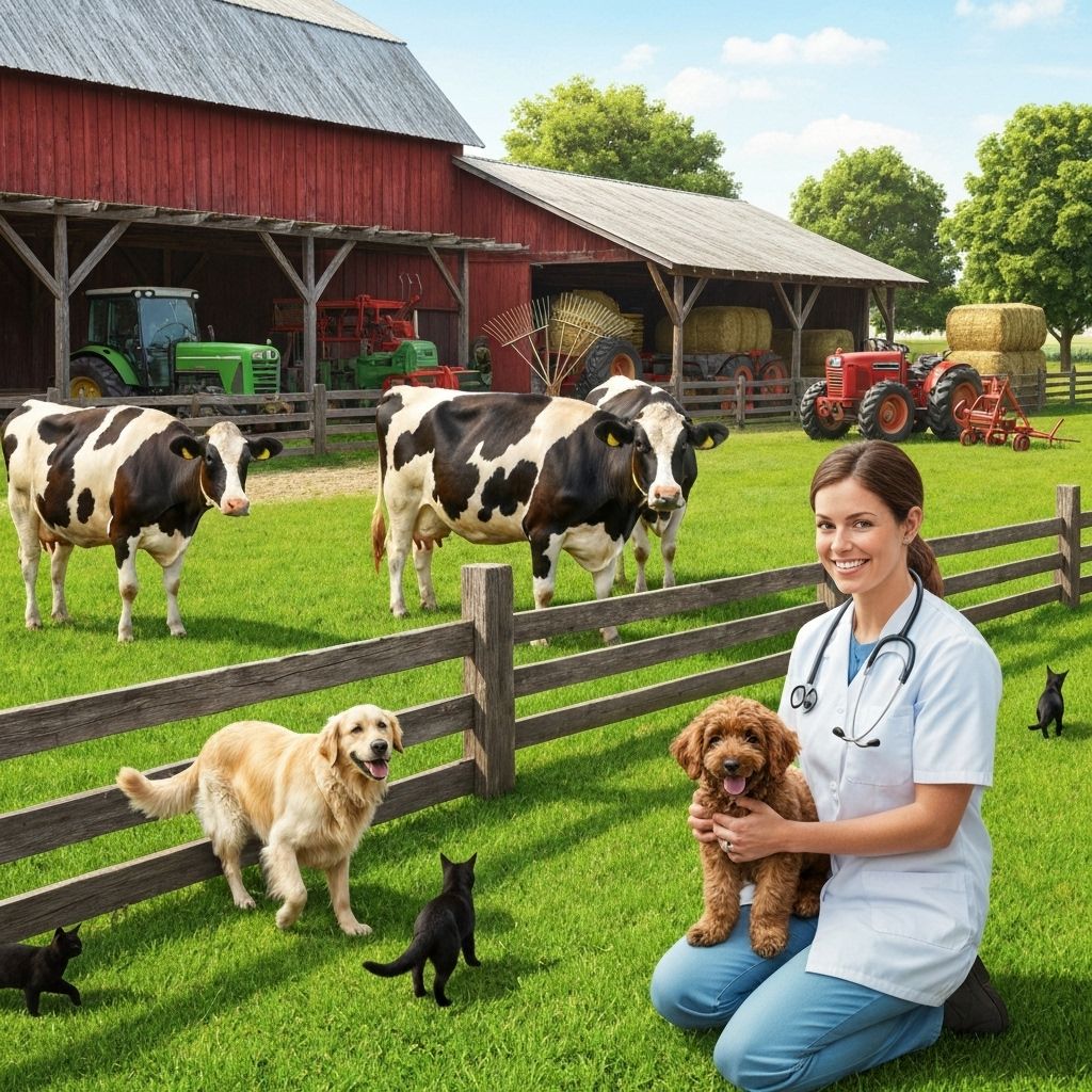 Healthy farm animals including cows, dogs, and cats receiving professional veterinary care at GP Pharma facilities